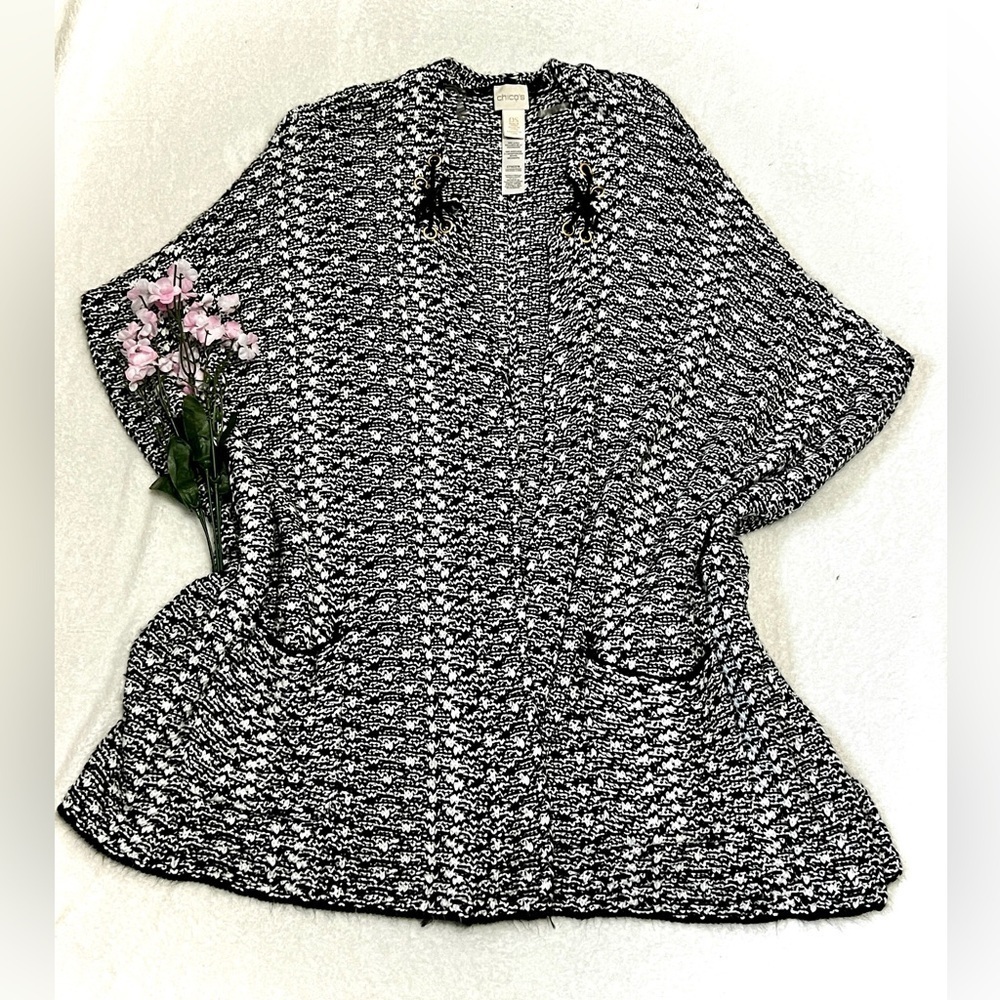 Chico's Black & White Knit Shawl Cardigan Sweater - One Size
